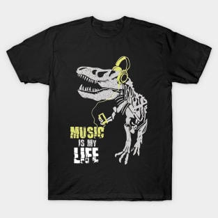 Skeletal Beats: T-Rex Skeleton with Music Player and Headphones T-Shirt